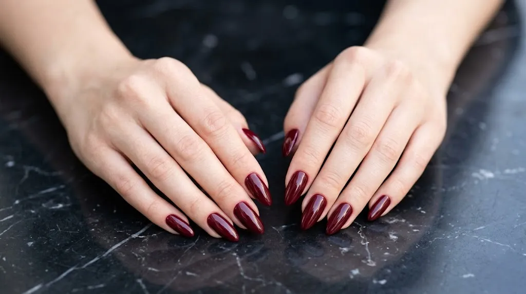 Burgundy almond nails luxury manicure aesthetic