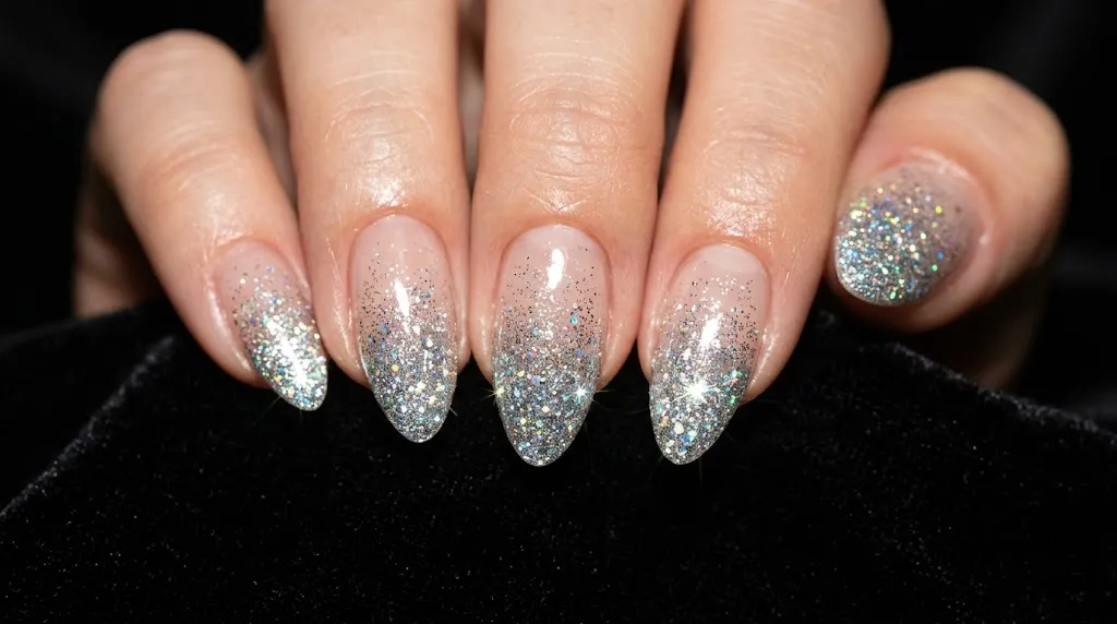Glitter ombre manicure under flash photography