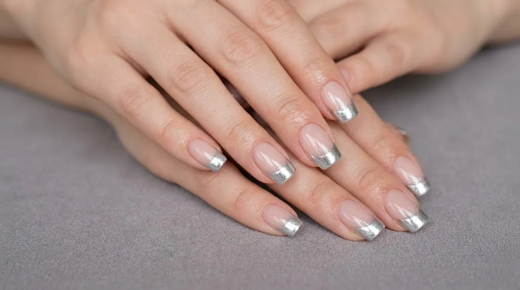 Chrome French tip nails with silver shimmer