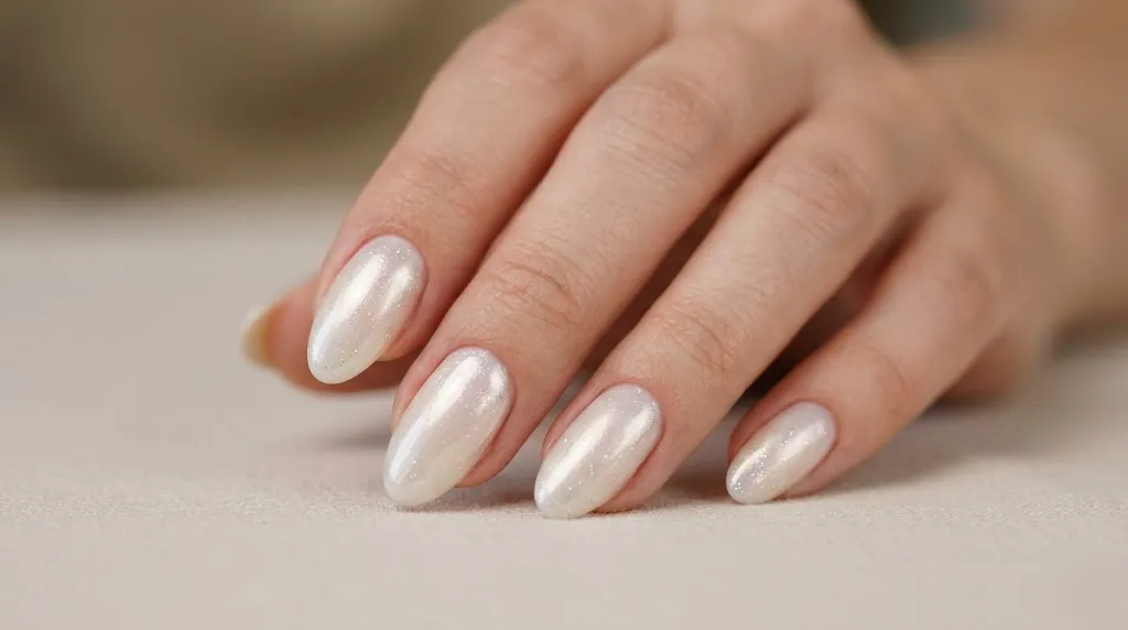 Pearl glazed nails with soft shimmer close-up