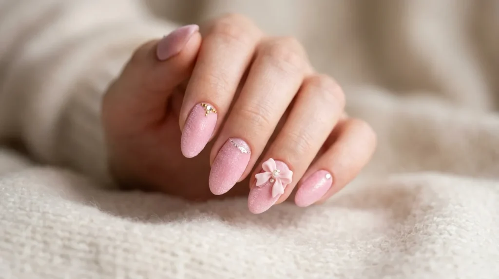 Soft Pink Velvet Nail Art 🎀