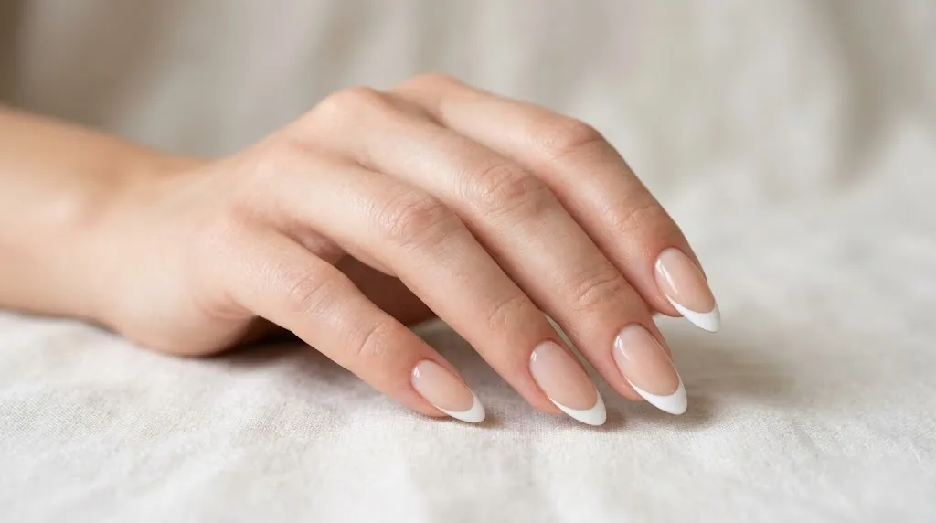 Classic French tip almond nails soft glam aesthetic