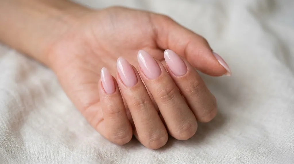 Milky pink almond nails close-up aesthetic
