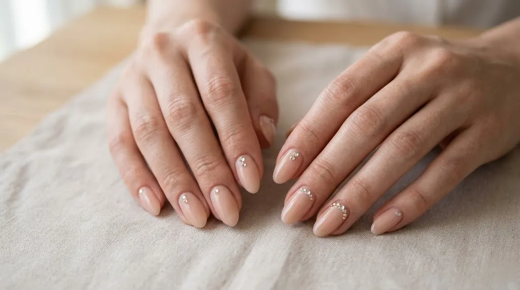 Minimal rhinestone nail art on nude nails