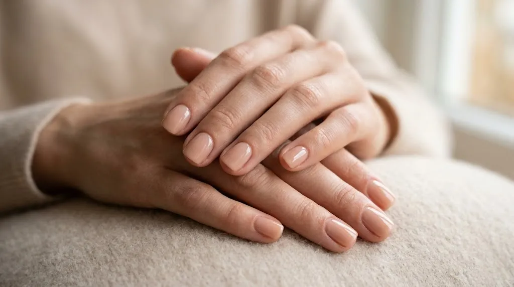Short glossy nude nails elegant aesthetic