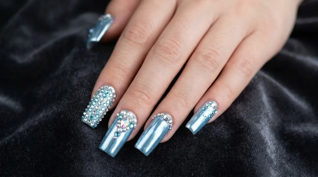 Icy blue chrome nails with rhinestone details