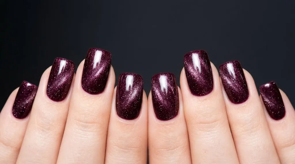 Velvet magnetic nails under flash lighting